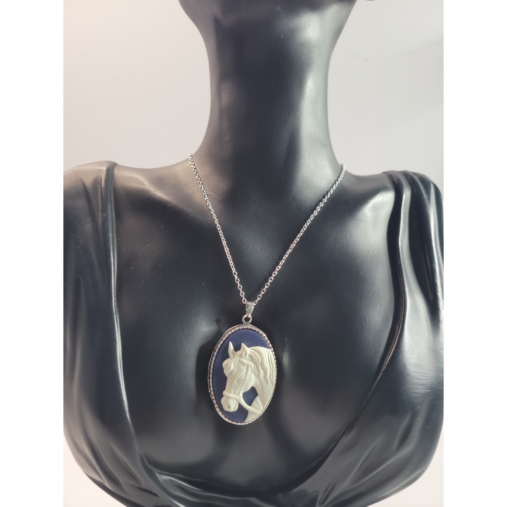 Horse Head Locket Necklace Blue White Cameo Style Silver Tone Equestrian